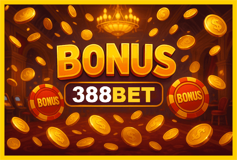 Imagem promovendo bônus 388BET com recompensas imperdíveis.